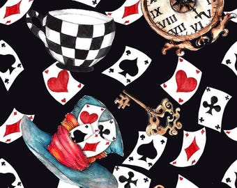 May include: A watercolor illustration of a whimsical Alice in Wonderland themed pattern. The pattern features playing cards, a teacup, a pocket watch, a key, and a hat. The background is black.