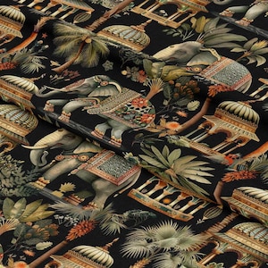 May include: A black fabric with a repeating pattern of elephants, ornate golden structures, and lush green foliage. The elephants are adorned with intricate details and are depicted in a whimsical style.