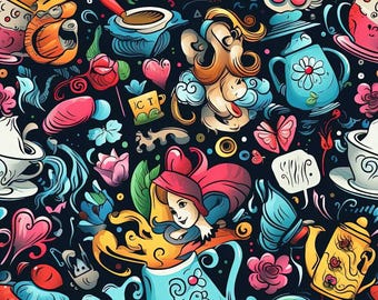 May include: A colorful, whimsical pattern featuring teacups, teapots, butterflies, and other Alice in Wonderland-themed elements. The pattern is perfect for fabric, wallpaper, or other decorative projects.
