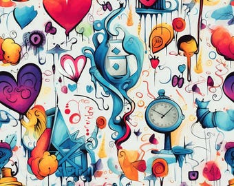 May include: A whimsical, colorful, and abstract pattern featuring hearts, clocks, teapots, and other whimsical elements. The background is white with a watercolor effect.