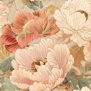 May include: A floral pattern with pink and red flowers with gold outlines on a beige background.