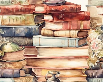 Könnte beinhalten: Ein Aquarellbild eines Stapels alter Bücher mit einem kleinen Keramiktopf obenauf. Die Bücher sind in einem unordentlichen Stapel angeordnet, wobei einige der Rücken sichtbar sind. Der Topf ist in einem gedämpften Lila gehalten und hat ein schlichtes Design. Der Hintergrund ist in einem hellen Cremeton gehalten.