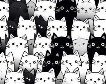 以下が含まれることがあります： 様々な表情をした白黒の漫画の猫のシームレスパターン。猫はランダムなパターンで配置されており、遊び心があり、気まぐれなデザインになっています。