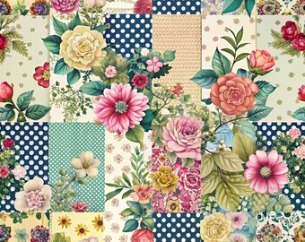 May include: A patchwork design featuring a variety of floral arrangements. The design includes roses, daisies, and other flowers in shades of pink, yellow, and red, set against backgrounds of polka dots and other patterns. The overall effect is a vibrant and colorful floral pattern.