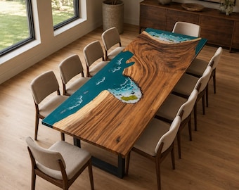 Walnut Ocean Epoxy Dining Table, Live Edge Beach Resin Table, Custom Coastal Dining Table, Handmade Wood Conference Table, Island Decor