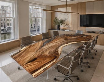 Ready to Ship 126×47 Inch Walnut Epoxy Conference Table, Clear Resin Live Edge Boardroom Table, Executive Office Furniture