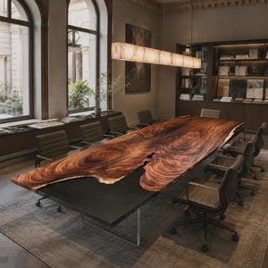 May include: A large rectangular conference table featuring a natural live-edge wood slab with prominent grain patterns joined to a solid black section. The table is supported by clear acrylic legs and surrounded by several grey office chairs.