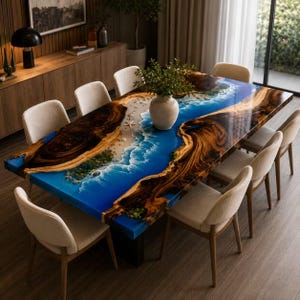 May include: A rectangular dining table featuring a live-edge wood slab with a central blue resin inlay designed to resemble an ocean coastline with white waves, sand, and small starfish, surrounded by eight light-colored upholstered chairs.