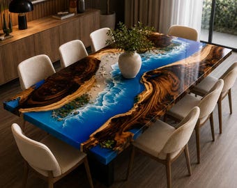 Op de afbeelding: Een rechthoekige eettafel met een houten blad met natuurlijke randen en een centrale blauwe harsinleg die een oceaankustlijn nabootst met witte golven, zand en kleine zeesterren, omringd door acht lichtgekleurde gestoffeerde stoelen.