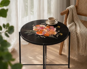 Black Resin Side Table, Preserved Flower Botanical Accent Table