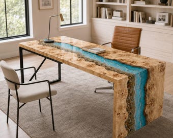 Poplar Burl Waterfall Desk, Blue Epoxy River, Live Edge Office Table, Custom Resin Table