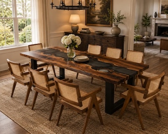 Black Walnut Epoxy River Dining Table, Live Edge Solid Wood Furniture, Modern Statement Piece