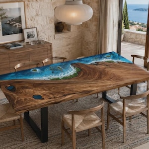 Ready to Ship South American Walnut Dining Table, Ocean Epoxy Resin Live Edge Table, Coastal Statement Furniture, 84 × 36 Inches