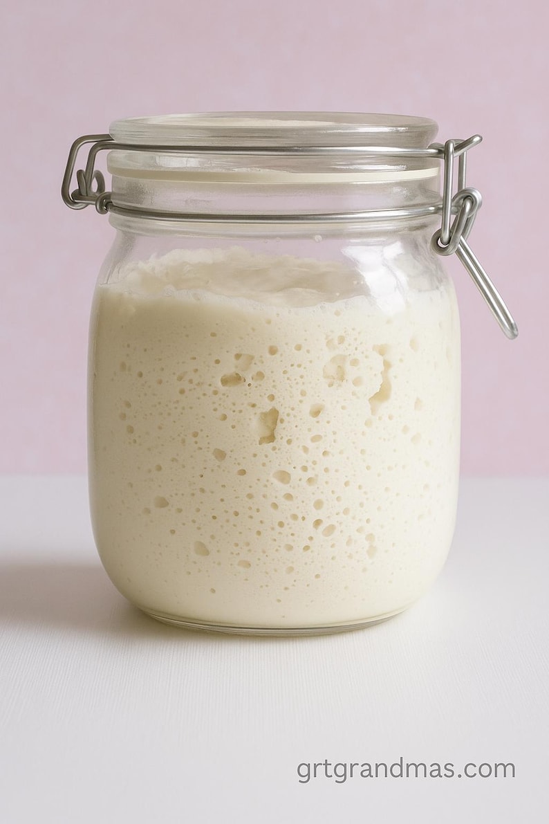 May include: A glass jar with a metal lid and a metal clasp. The jar is filled with a white, bubbly liquid. The liquid is a sourdough starter.