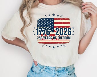 Camiseta del 250 aniversario de Estados Unidos, camiseta de la libertad de EE. UU. (1776-2026), camiseta patriótica del 4 de julio, estampado vintage de Comfort Colors del semiquincentenario