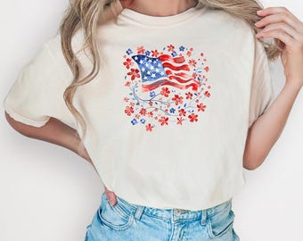 Comfort Colors Floral American Flag Shirt: 4th of July USA Tee