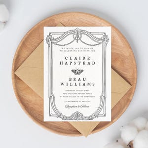 Puede incluir: Una invitación de boda en blanco y negro con un marco decorativo y una ilustración de mariposa. La invitación dice "We invite you to join us to celebrate our marriage Claire Hapsted Beau Williams Saturday, August First Two Thousand Twenty Three at Four O'Clock in the Afternoon 123 Anywhere St. Any City Reception to Follow"