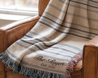 Personalized Woven Throw Blanket, Modern Boho Stripes, Unique Gift for Wedding Engagement Anniversary Keepsake, Family or Couple Last Name