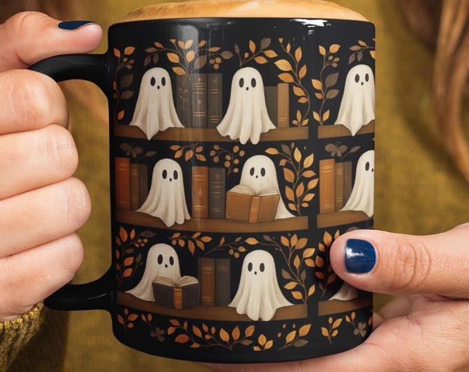 Cute Ghosts Coffee Mug, Festive Halloween Ceramic Mug, Fall aesthetic, Halloween theme, perfect gift, Book Lover Teacup, Book Lover Gifts