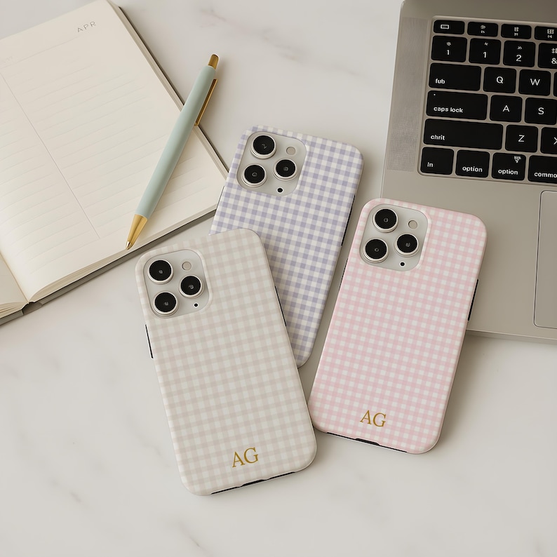 Personalized Gingham Phone Case Monogram Initials, iPhone 17 16 15 14 ...