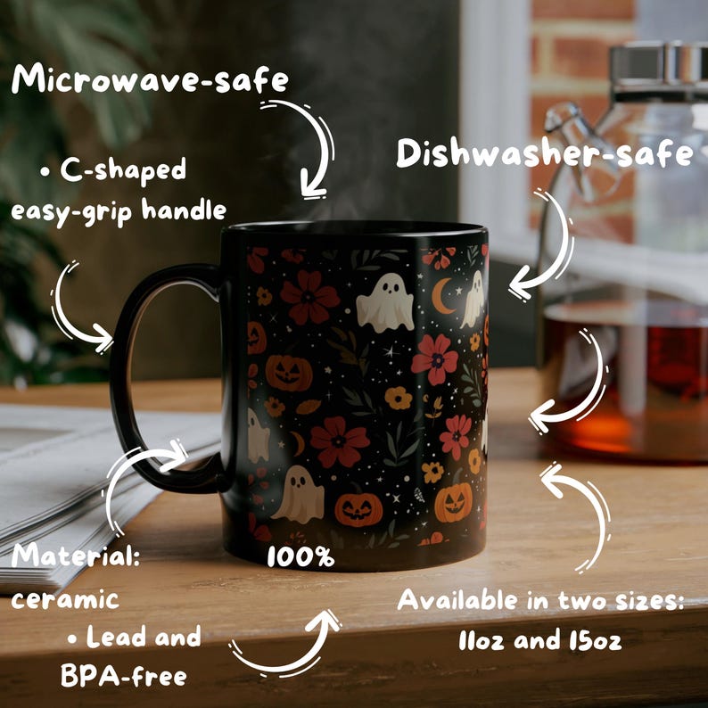 May include: Black ceramic mug with a Halloween-themed pattern of ghosts, pumpkins, flowers, and moons. Features a C-shaped handle. The mug is microwave and dishwasher safe, and is available in two sizes: 11oz and 15oz.