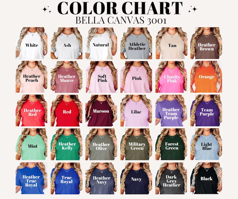 May include: Color chart of Bella Canvas 3001 t-shirts. The chart displays a variety of colors, including white, ash, natural, athletic heather, tan, and heather brown. Other colors include heather peach, heather mauve, soft pink, pink, charity pink, and orange.