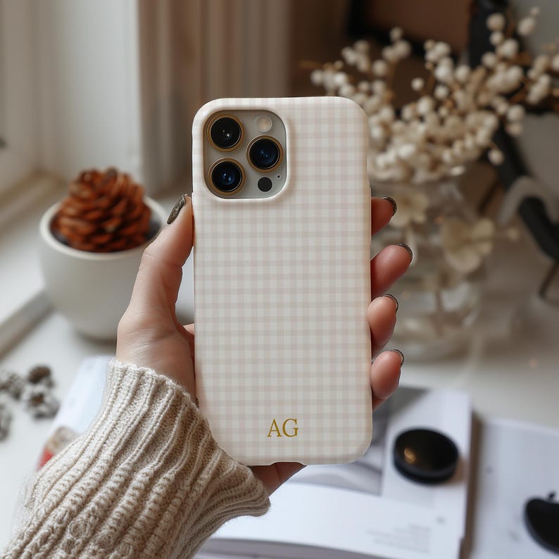 Personalized Gingham Phone Case Monogram Initials, iPhone 17 16 15 14 ...