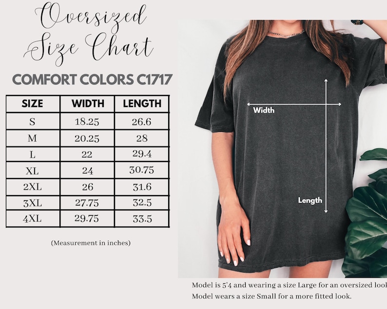 May include: An oversized t-shirt size chart with measurements in inches. The chart includes sizes S to 4XL, with corresponding width and length dimensions. A woman models the shirt, demonstrating the fit. The shirt is dark gray.