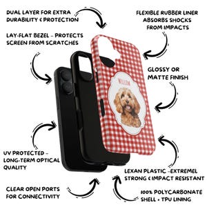 Op de afbeelding: Een telefoonhoesje met een rood-wit ruitpatroon en een foto van een hond genaamd Willow. De hoes heeft een dubbellaags ontwerp voor extra bescherming, een flexibele rubberen voering en open poorten. De tekst op de hoes zegt "Willow".