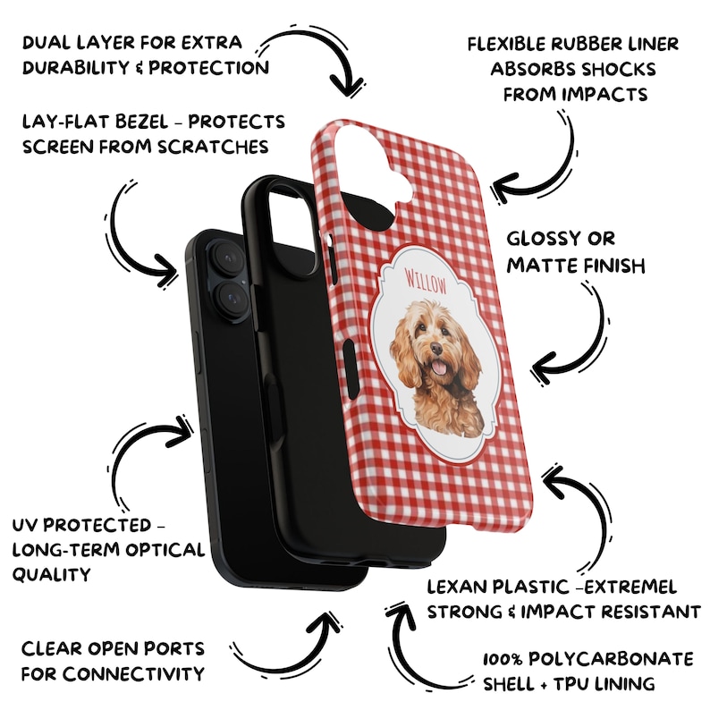 Op de afbeelding: Een telefoonhoesje met een rood-wit ruitpatroon en een foto van een hond genaamd Willow. De hoes heeft een dubbellaags ontwerp voor extra bescherming, een flexibele rubberen voering en open poorten. De tekst op de hoes zegt "Willow".