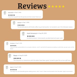 May include: Image featuring customer reviews for a product, with the title "Reviews" at the top. The reviews are in white text boxes against a tan background, each with a customer's name, date, and a 5-star rating. The reviews mention a mug with ghosts.