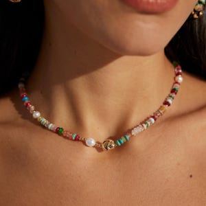 Colorful Bead Necklace with Freshwater Pearl, Colorful Necklace Freshwater Pearl Necklace for her, Rainbow Beaded Necklace, colorful chain
