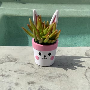 Puede incluir: Una pequeña maceta de cerámica blanca y rosa con un diseño de cara de conejo, que contiene una planta suculenta. La maceta tiene orejas de conejo rosas adjuntas. La suculenta tiene hojas verdes y rojas. La maceta está sobre una superficie gris.