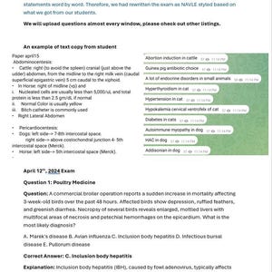 Peut inclure: Un document d'examen vétérinaire avec des questions et réponses, notamment sur la médecine aviaire et les procédures abdominales. Le texte comprend des détails médicaux précis et une liste de diagnostics possibles.