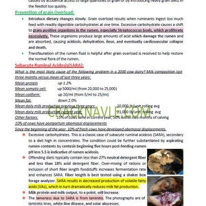 May include: A close-up of a text document with a white background and black text. The text discusses subacute ruminal acidosis (SARA) in cows, a condition caused by excessive carbohydrates in their diet. The document lists symptoms of SARA, including decreased milk production, lameness, and foot abscesses.