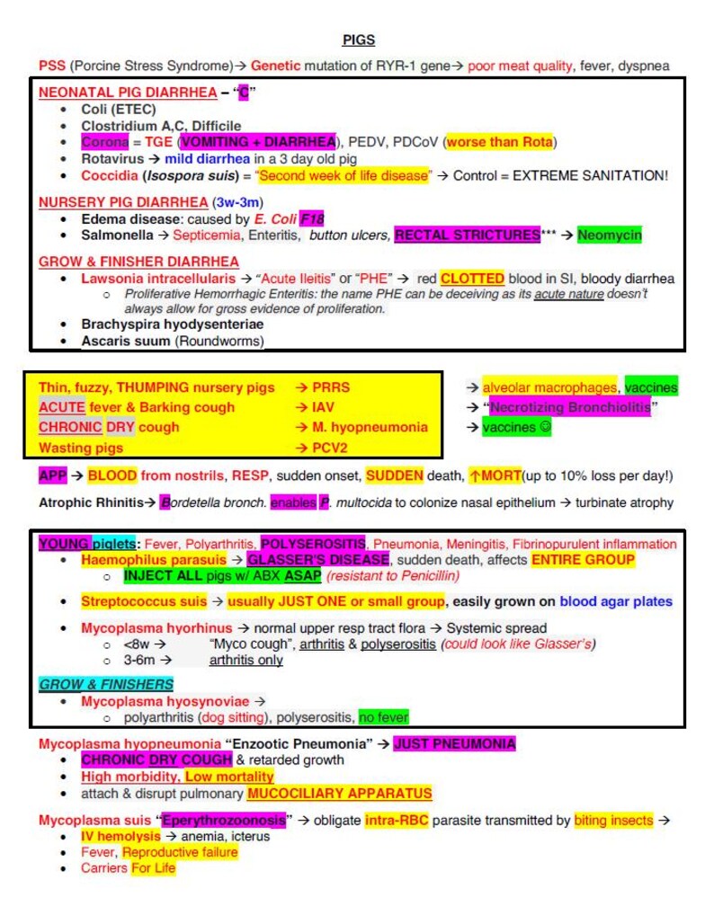 May include: A chart with a pink heading "PIGS" and a list of pig diseases and their symptoms. The chart is divided into sections for neonatal pig diarrhea, nursery pig diarrhea, grow and finisher diarrhea, and young piglets. The chart also includes information on the causes of each disease and how to treat them.