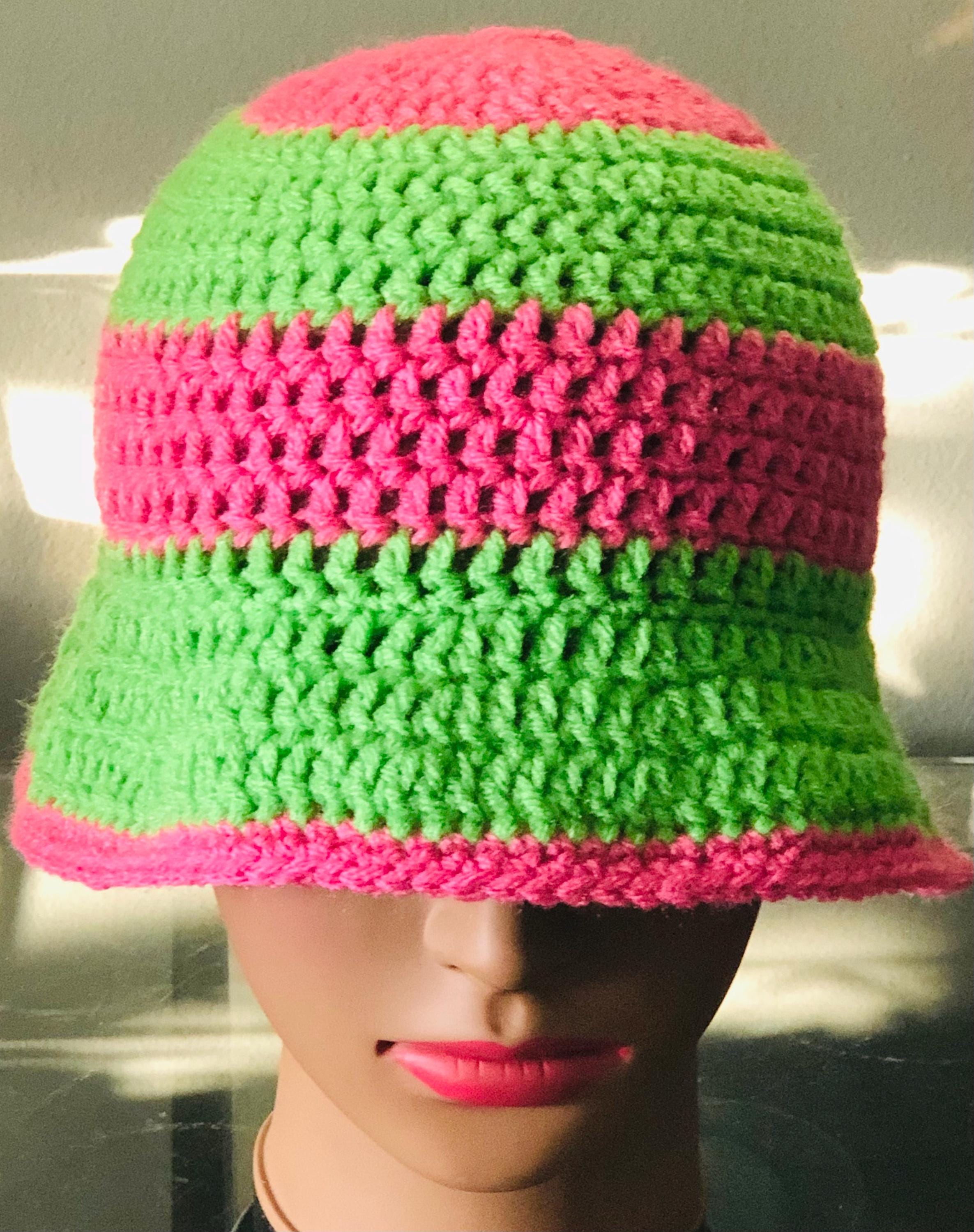 Handmade Crochet Bucket Hat: Pink & Green Wavy Design - Etsy display picture 3