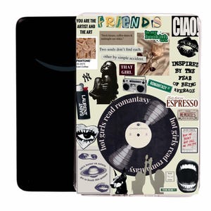 May include: A collage of images and text on a white background. The images include a record, a woman, a lighter, a coffee cup, a rose, and a pair of lips. The text includes the words "Friends", "Ciao", "Romantasy", "Hot girls read romantasy", and "Inspired by the fear of being average".