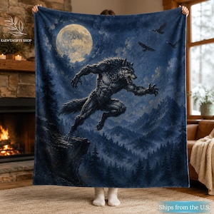 May include: A rectangular fleece blanket featuring a dark blue nocturnal landscape with a full moon, a leaping werewolf, and flying birds. The scene depicts a mountain range and pine forest under a night sky. The text KAEWTAGIFTS SHOP is visible.