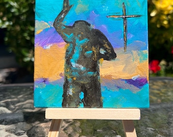 Hand-Painted 4x4 Canvas Panel - (Person Worshipping - Cross) Acrylic Artwork