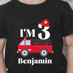 Custom Fire Truck Birthday Kids Shirt, Cute Custom Name & Age Firefighter Tee, Fire Truck Birthday Party Shirt, Unisex 3rd or 2nd Bday Shirt
