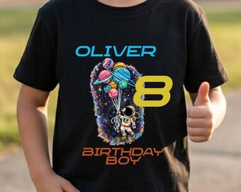 Camiseta com balões de astronauta e planetas, aniversário espacial, infantil ou juvenil, camiseta personalizada para aniversariante menina, nome e idade personalizados, camiseta de 12º aniversário