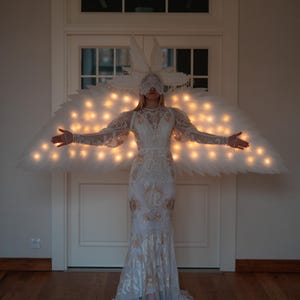 White wings costume for dance with lights, Moveable wings, Halloween, Cosplay costume