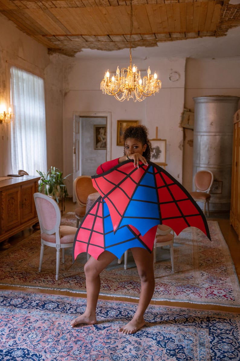 May include: A red and blue superhero-themed costume with a webbed wing design. The costume features a red long-sleeved top and a matching wing-shaped cape with a black web pattern. The wings have red and blue sections.