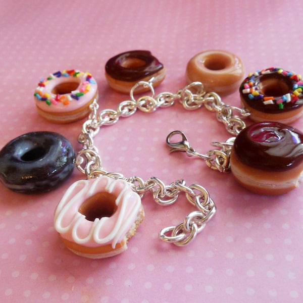 Polymer Clay Box of Doughnuts Charm Bracelet, Miniature Food Jewelry