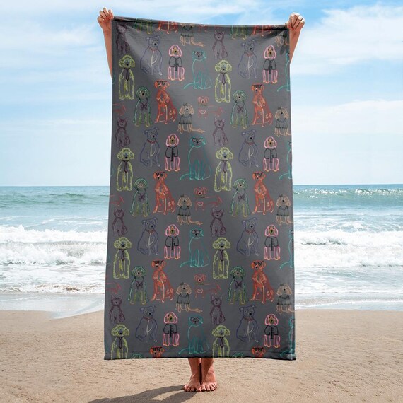 Dog Design Beach Towel / Midnight Dog Doodle Pool Towel / Cute Dog Art Towel