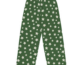 Green Star Pajama Pants, White Star Lounge Pants, Unisex Wide Leg Sleep Pants, Celestial Pajamas