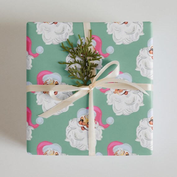 Christmas Wrapping Paper Sheets / Vinatge Santa with a Pink Hat on Light Green