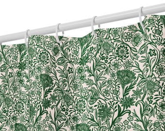 Green Botanical Shower Curtain | Vintage Floral Cottage Bath Decor