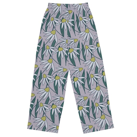 Grey Coneflower Print Wide Leg Leisure Pants / Handdrawn White Flowers Lounge Pants